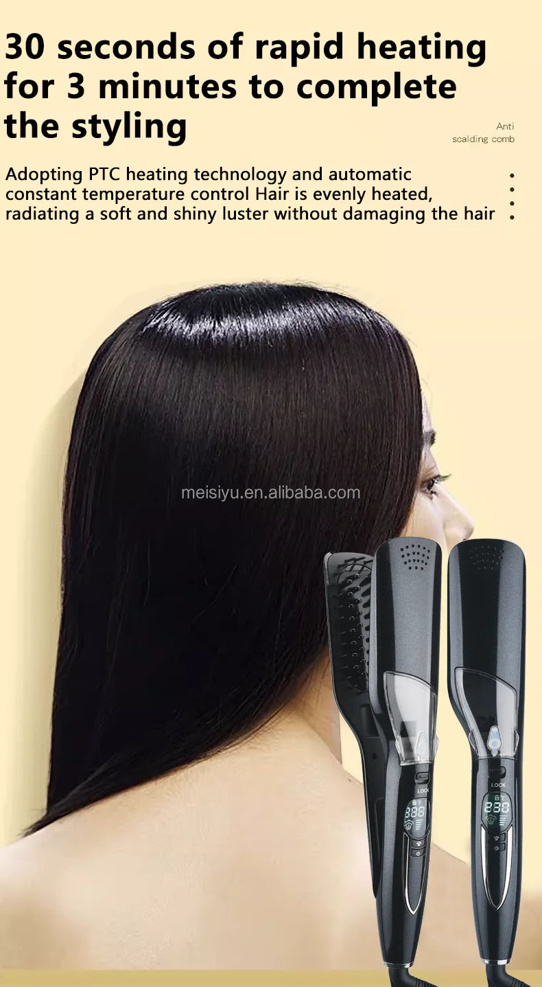 Brosse lissante professionnelle à air chaud, peigne lissant à température réglable, fer à lisser vapeur en céramique