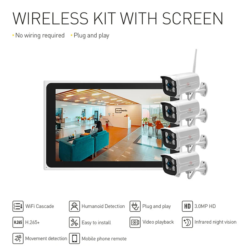Kit NVR sans fil 3MP LCLCTEK TUYA SMART 4CH avec moniteur à écran LCD 10" et système de caméras de vidéosurveillance de sécurité