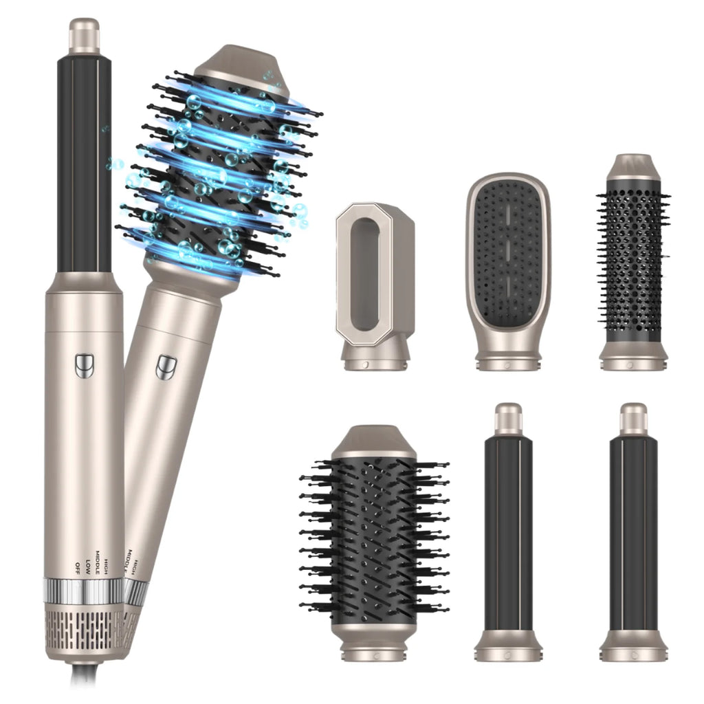 Sèche-cheveux ionique de luxe 1000 W avec brosse à air chaud 6 en 1 pour cheveux fins et épais, séchage rapide et 6 embouts inclus.