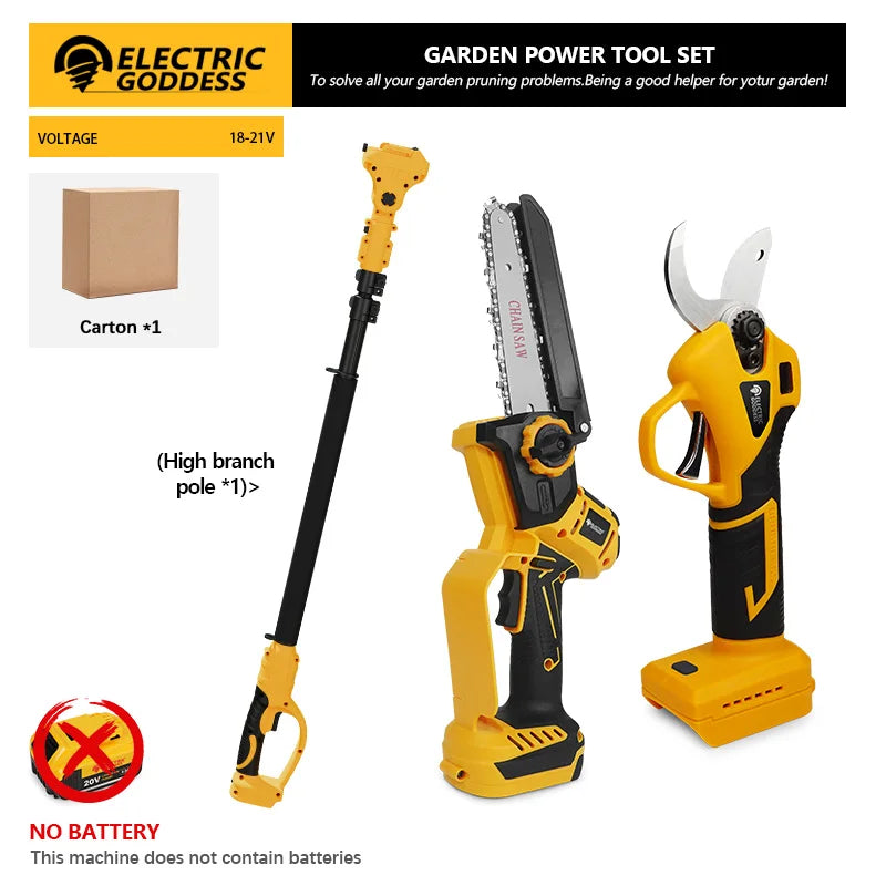 Scie à chaîne sans fil Electric Goddess Industrial 20V avec rallonge pour sécateur et cisailles.