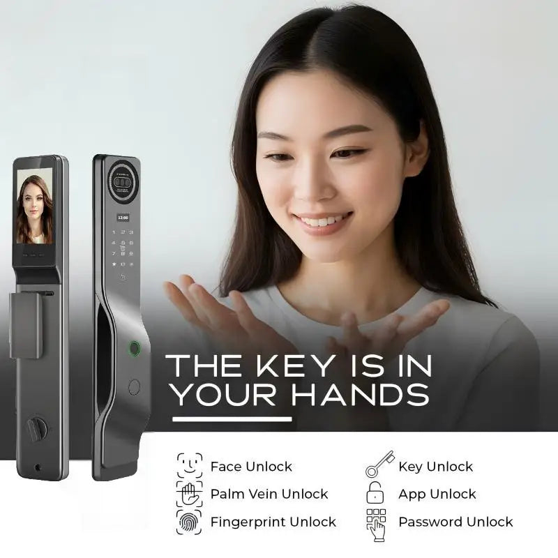 Sonnette vidéo connectée TUYA pour bois et alliage d'aluminium, déverrouillage multiple (carte/clé/mot de passe/empreinte digitale/application), disponible dans le cloud