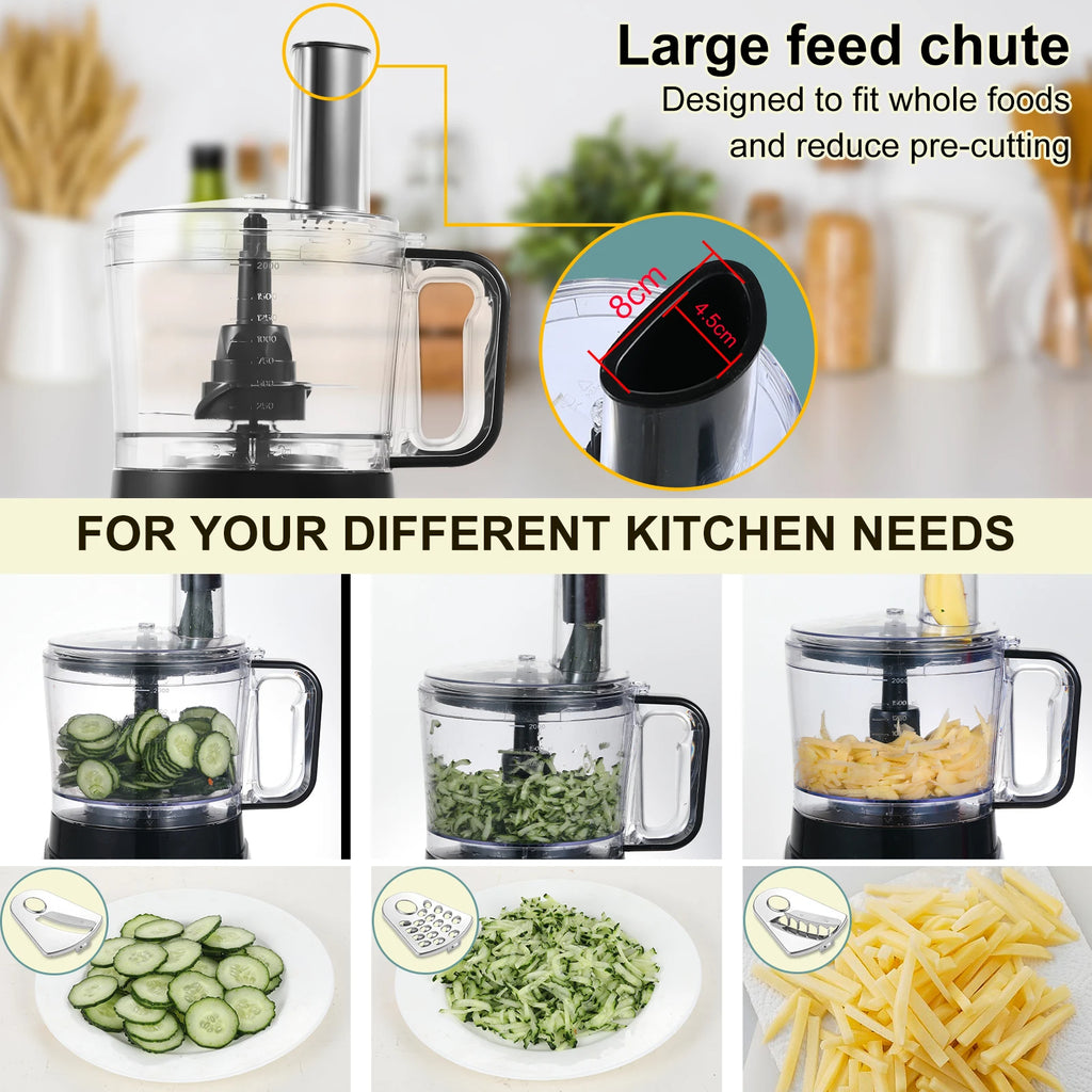 Robot culinaire multifonction 6 en 1 : hacher, trancher, râper et pétrir la pâte.