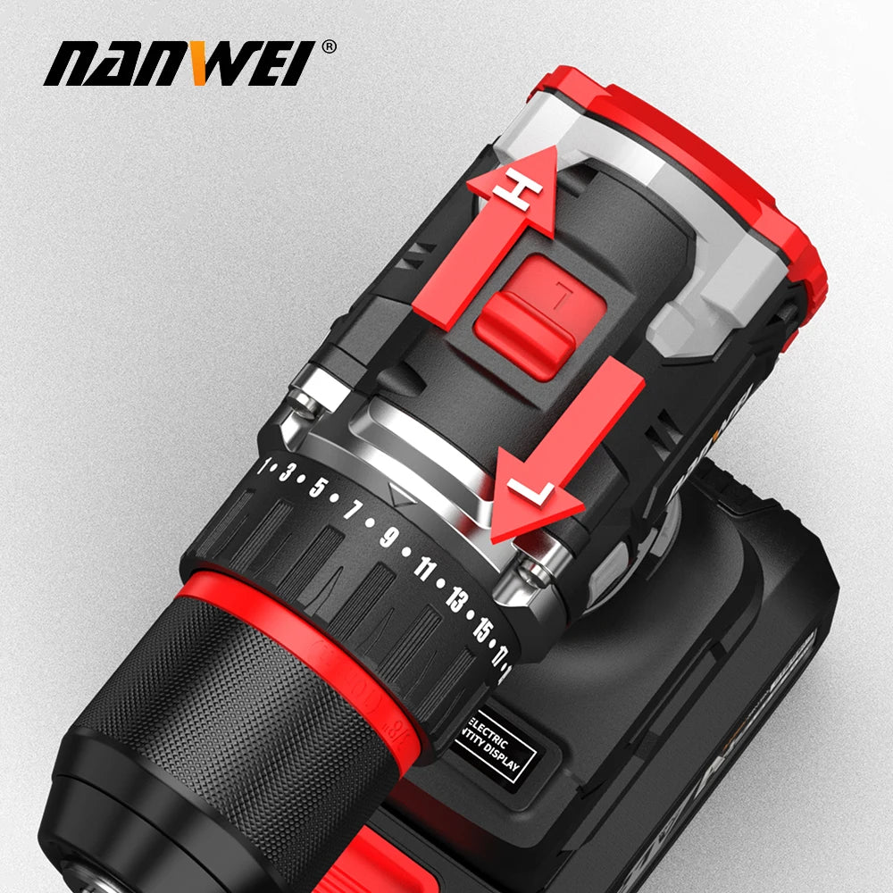 Perceuse sans fil Nanwei 21 V, 525 W, moteur sans balais, vitesse variable, mandrin rapide