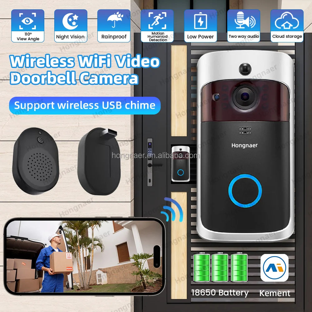Sonnette vidéo sans fil intelligente Hongnaer 2MP avec interphone et batterie Kement