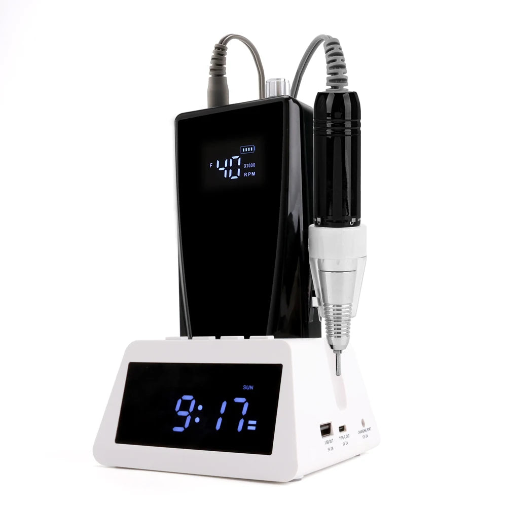 Kit de ponceuse à ongles électrique 45 W à balais de carbone, faible vibration, 40 000 tr/min, avec batterie externe et station de base horloge.