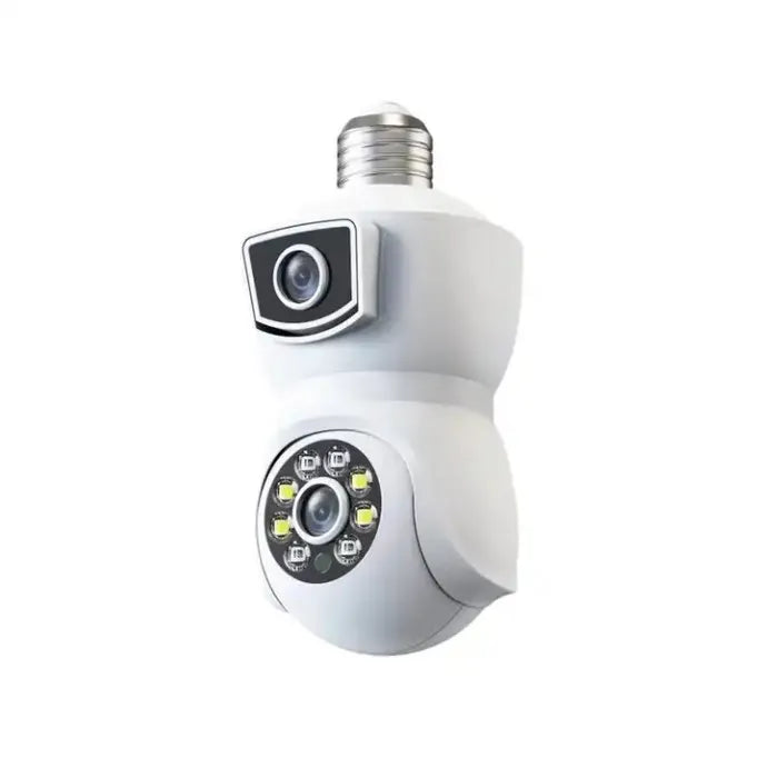 Caméra de vidéosurveillance V380 PRO E9 à double objectif CMOS 1080p avec prise en charge WiFi, carte mémoire et caméra PTZ intégrée à une ampoule.