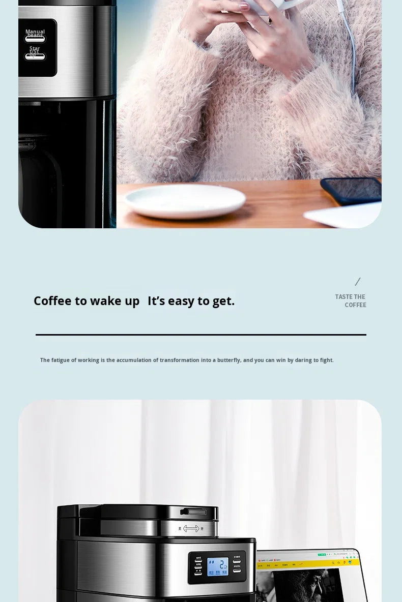 Machine à café automatique en acier inoxydable avec broyeur intégré, style américain, compact, idéal pour la cuisine, le bureau ou l'hôtel.