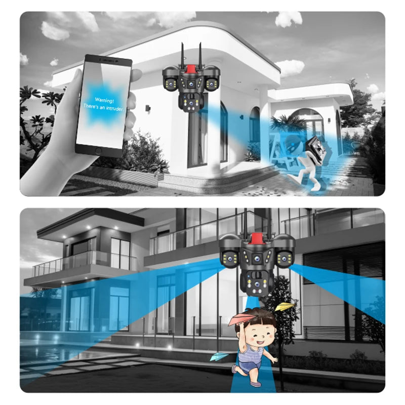 Caméra de Surveillance Wistino V380 Pro | 9 MP, PTZ, Triple Objectif, 4G/Wi-Fi et Panneau Solaire