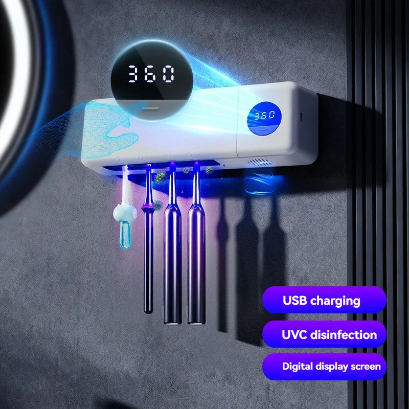 Stérilisateur de brosses à dents UV, porte-brosse à dents rechargeable par USB, affichage numérique intelligent, organisateur mural pour salle de bain.