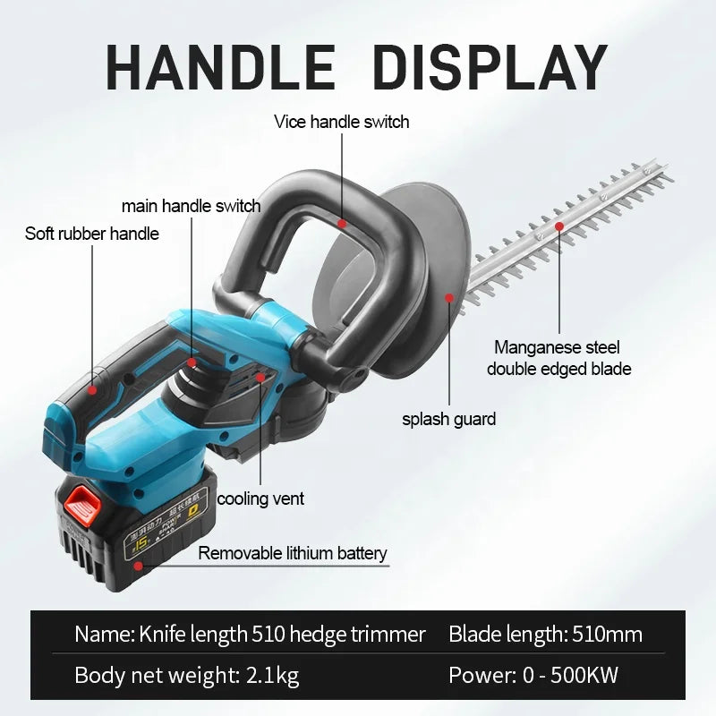 Taille-haie sans fil ATDRILL AT-HT2210, 21 V, lame 510 mm, double lame, 2 piles incluses