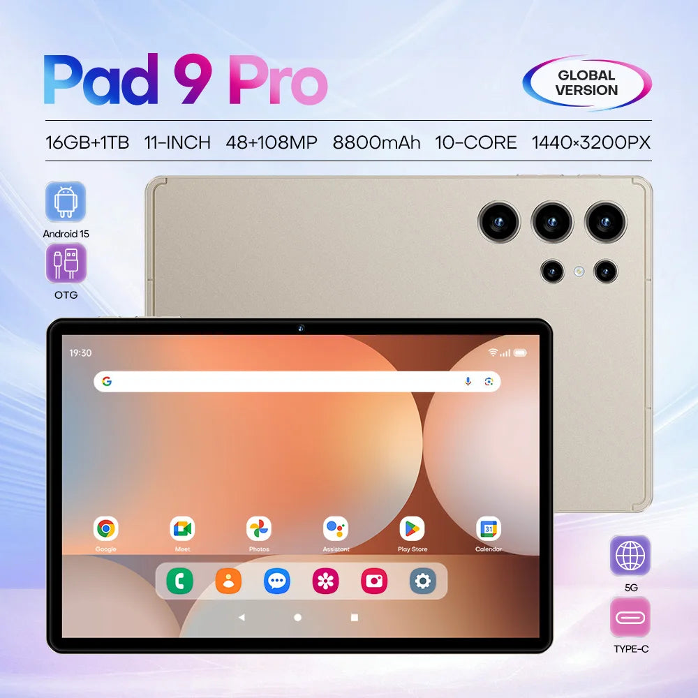 Tablette Pad 9 Pro – 11", Android 15, 16 Go+1 To, Deca Core, 4G/5G et caméra 108 MP