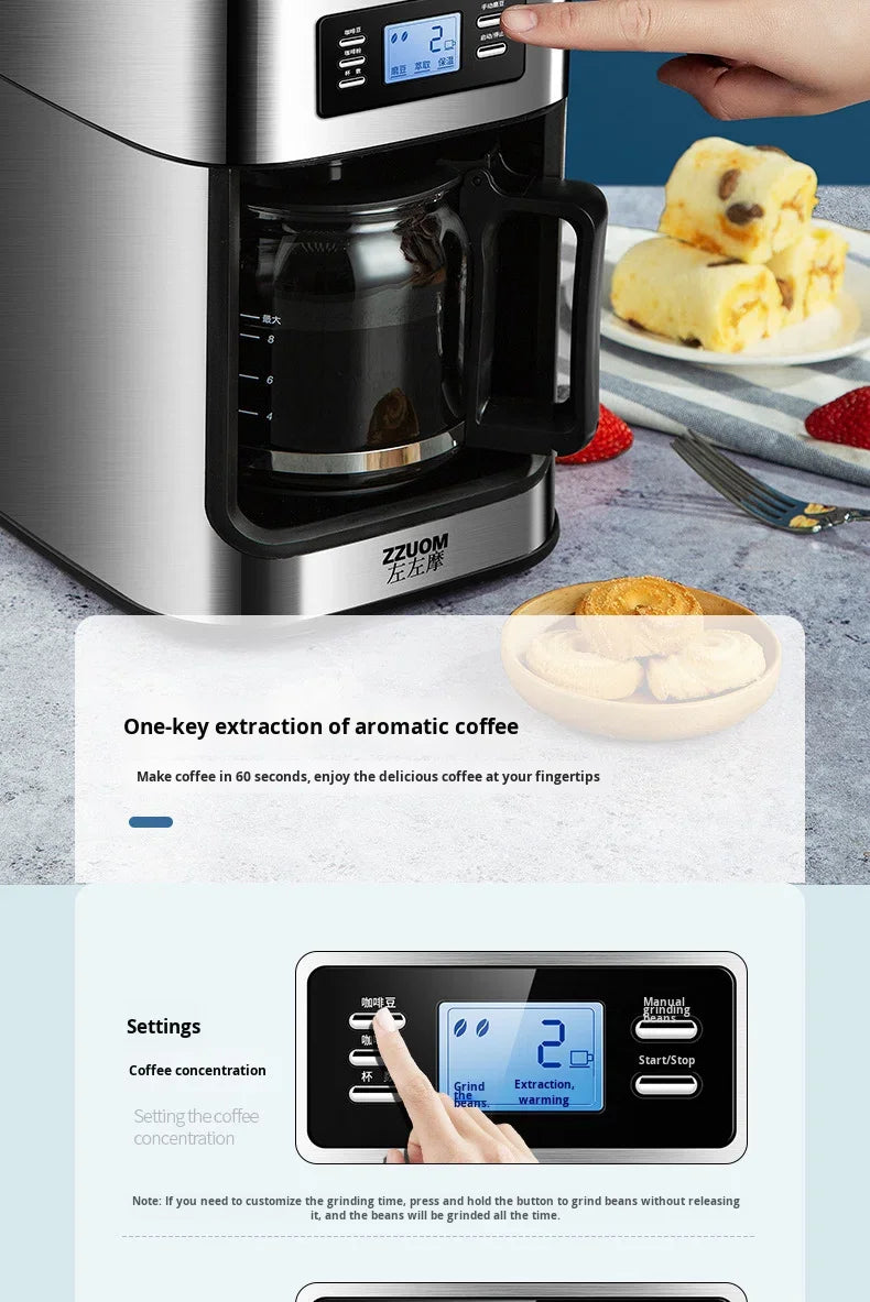 Machine à café automatique en acier inoxydable avec broyeur intégré, style américain, compact, idéal pour la cuisine, le bureau ou l'hôtel.