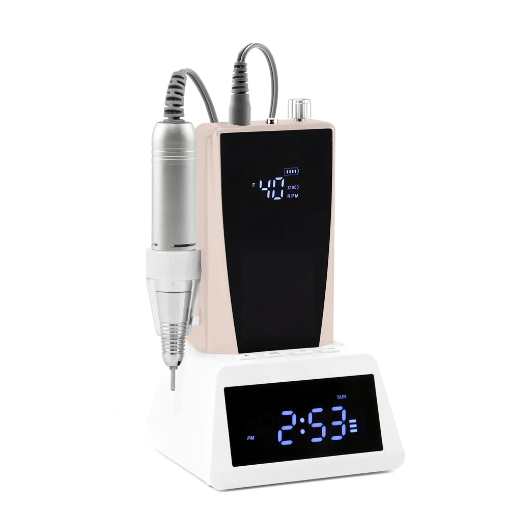 Kit de ponceuse à ongles électrique 45 W à balais de carbone, faible vibration, 40 000 tr/min, avec batterie externe et station de base horloge.