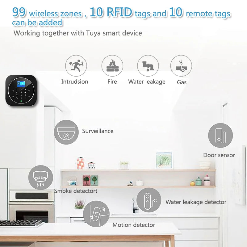 Système de sécurité domestique KERUI G12 Noir, système d'alarme sans fil WiFi GSM, kit d'alarme domestique avec contrôle à distance via l'application Tuya Smart.