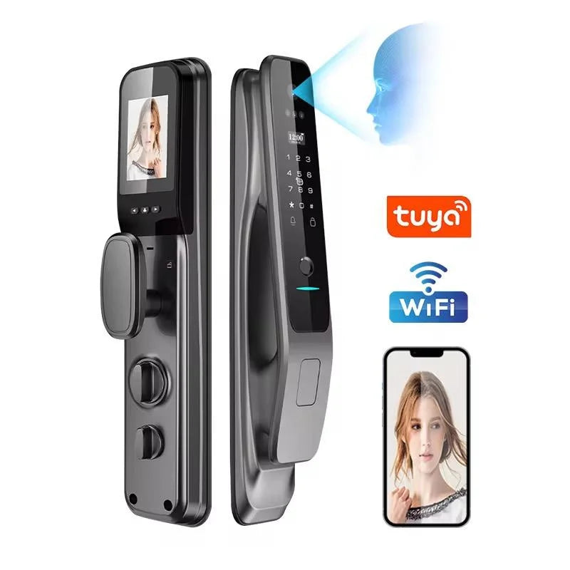 Serrure connectée avec reconnaissance faciale 3D, lecteur d'empreintes digitales, sonnette vidéo, application Tuya, déverrouillage Wi-Fi, carte NFC, clé RFID et serrure à code.