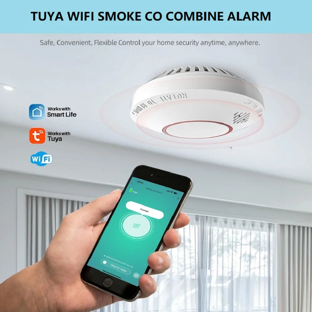 HAJUER Alarme Wi-Fi intelligente portable 2,4 GHz Tuya sans fil, détecteur de fumée et de monoxyde de carbone, photoélectrique et électrochimique