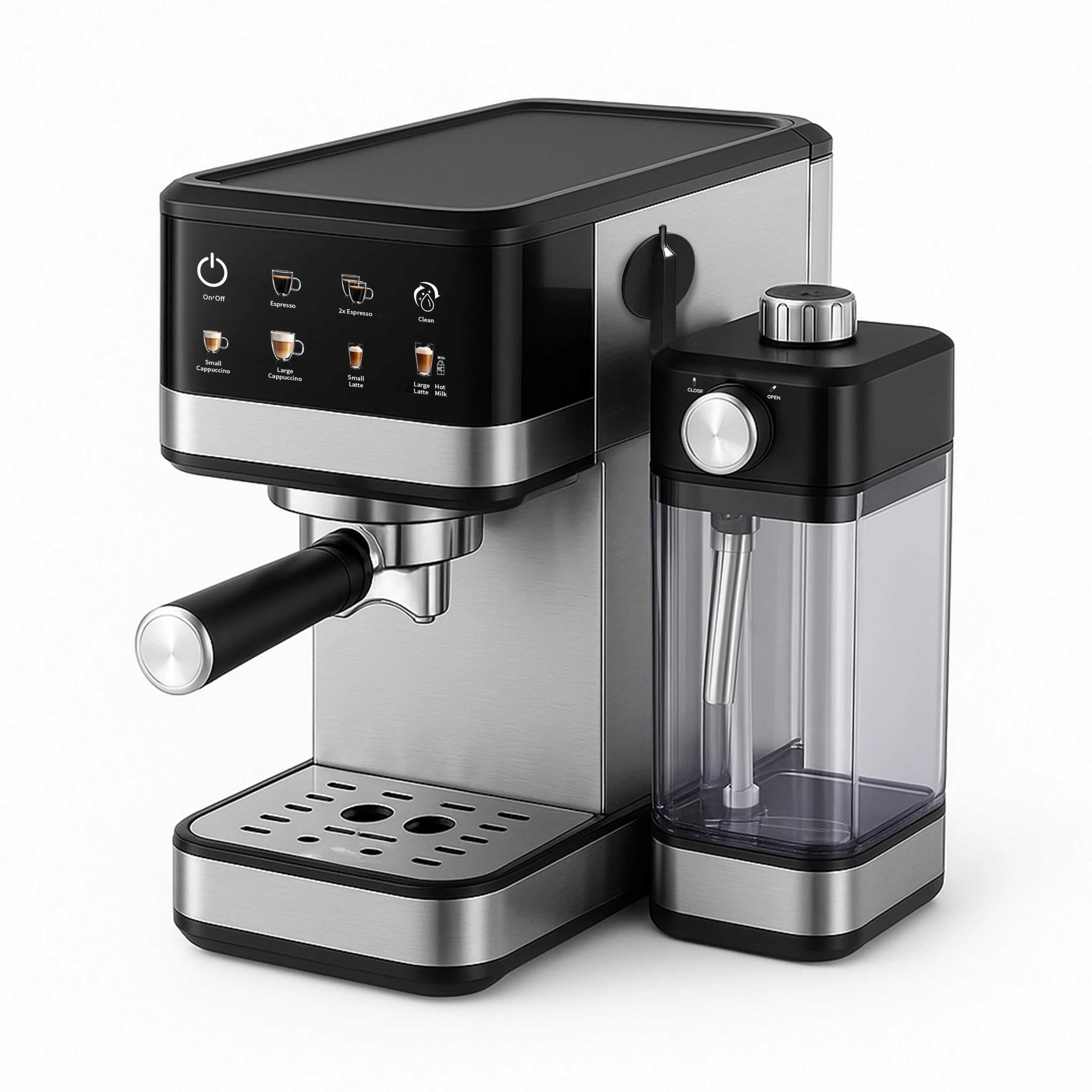 Machine à café expresso numérique semi-automatique 15 bars avec menu tactile et réservoir à lait mousseur, usage domestique