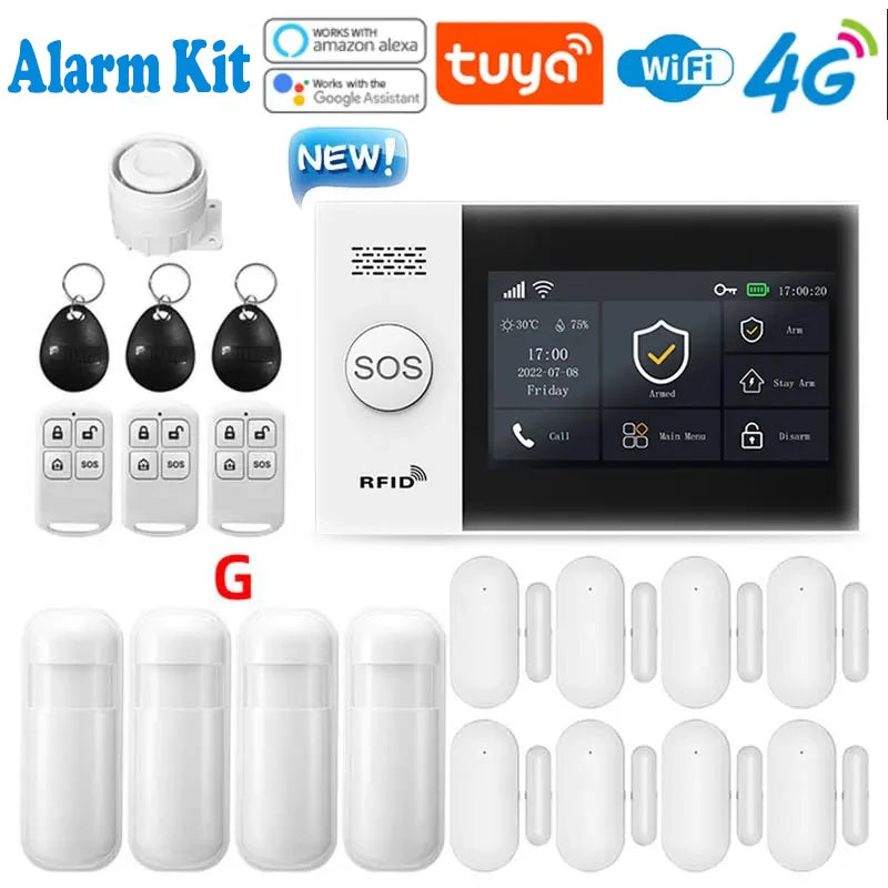 Système d'alarme de sécurité pour maison connectée Tuya, compatible GSM avec écran tactile, 4G, Wi-Fi et 433 MHz, matériau ABS, contrôlable via Alexa et l'application Smart Life.