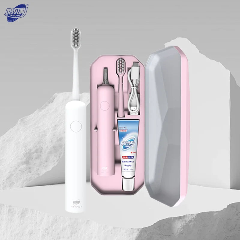 Brosse à dents vibrante Happily, IPX7, charge Type-C, autonomie 90 jours, 3 modes, blanchiment