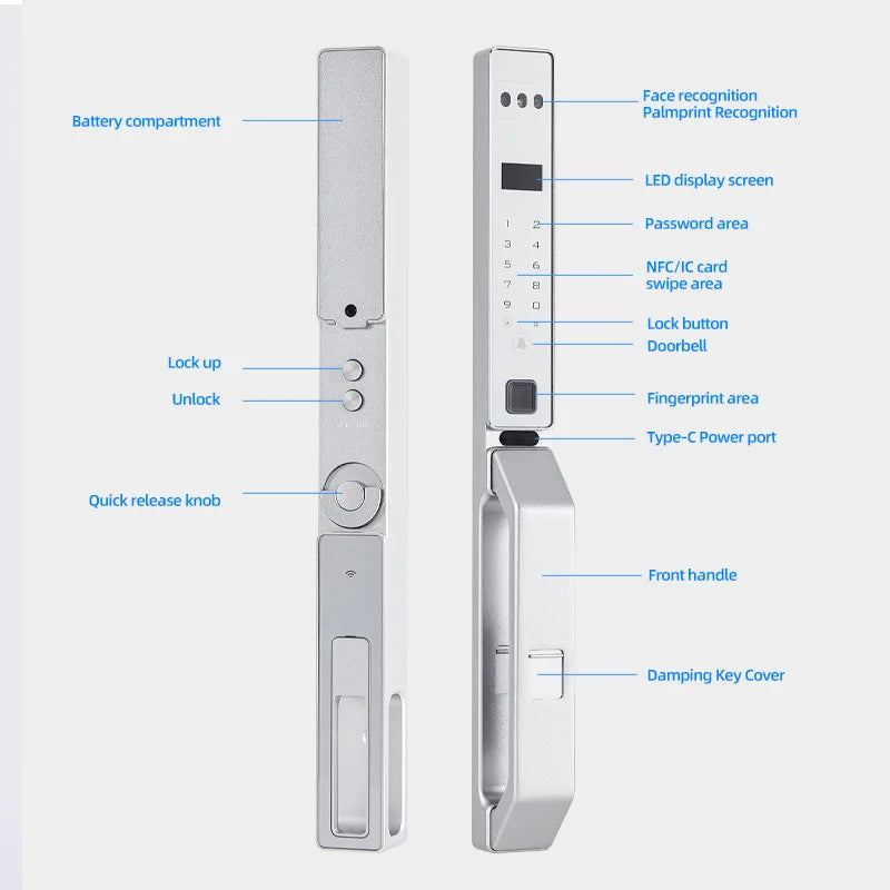Sonnette vidéo TUYA argentée et blanche, verrouillage mains libres, cadre étroit, compatible avec les téléphones portables, serrure de porte à code en aluminium Tuya, serrure de porte intelligente automatique