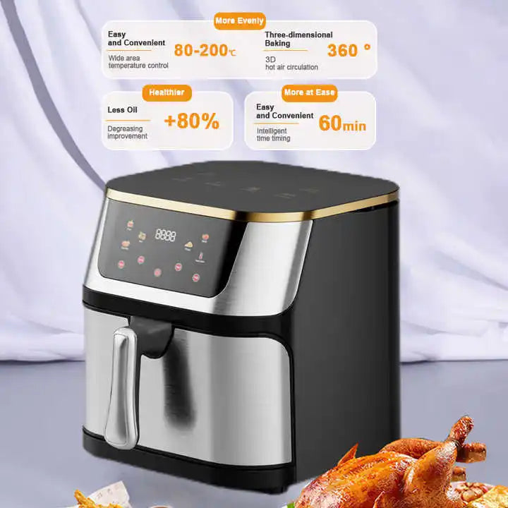 Friteuse à air chaud grande capacité 10 L, appareil électroménager multifonctionnel carré avec écran tactile numérique.