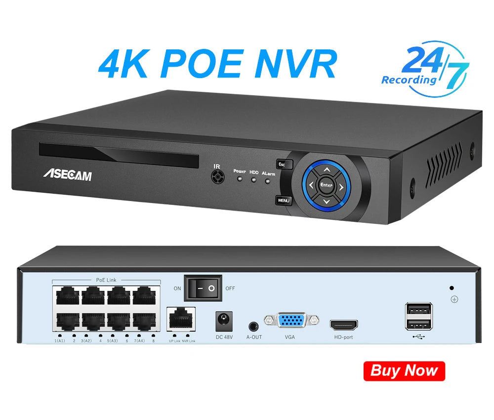Caméra IP bullet ASECAM 8 MP, PoE, IP67, H.265, vision nocturne couleur, CE, extérieur