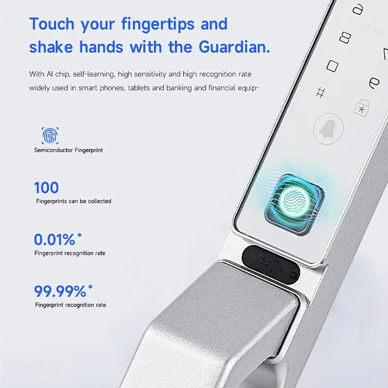 Sonnette vidéo TUYA argentée et blanche, verrouillage mains libres, cadre étroit, compatible avec les téléphones portables, serrure de porte à code en aluminium Tuya, serrure de porte intelligente automatique