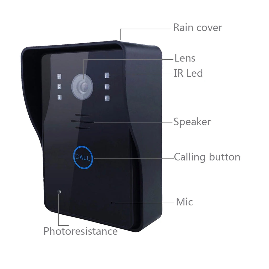 Interphone vidéo sans fil 2,4 GHz avec écran couleur TFT 7 pouces et fonction d'appel et de déverrouillage.