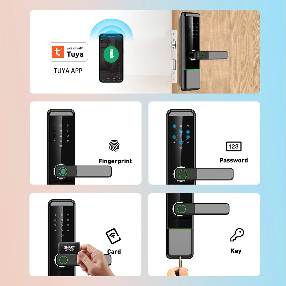 Serrure électronique Tuya Wifi avec application, haute sécurité, sans clé, empreinte numérique, serrure intelligente, carte de mot de passe, clé de secours, serrure connectée pour la maison.