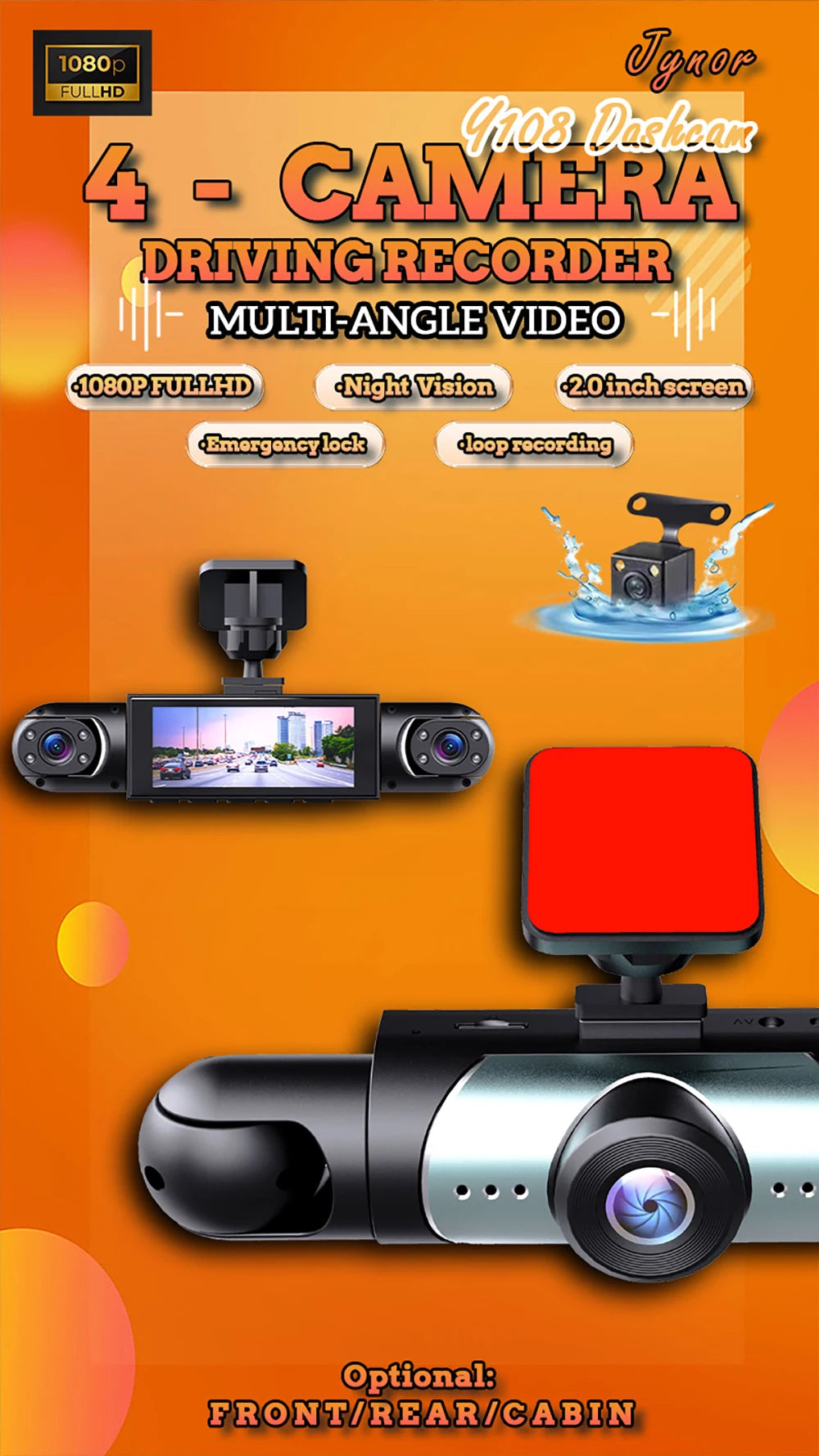 Caméra embarquée WDSZKMYF 1080p, 4 objectifs, angle 170°/120°, enregistrement en boucle, capt. G