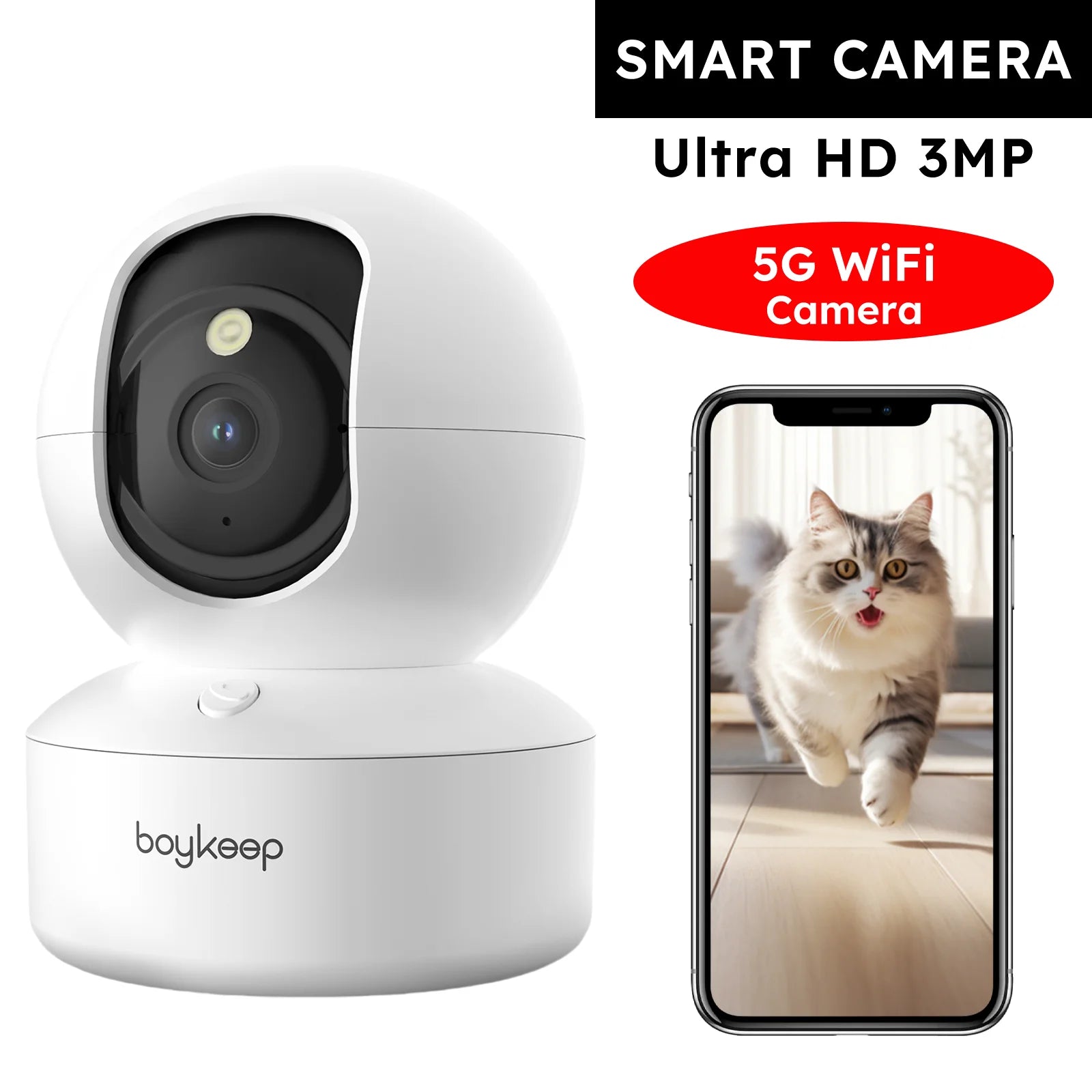 Caméra de Surveillance Boykeep 2K | Wi-Fi 5G/2,4 GHz, Vision Nocturne, Audio et Rotation 360°