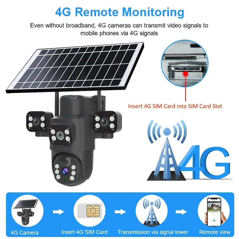 Caméra solaire 4G/WiFi, trois objectifs, écran, extérieur, 12 MP, 6K, batterie basse consommation, vision nocturne PIR, protection CCTV