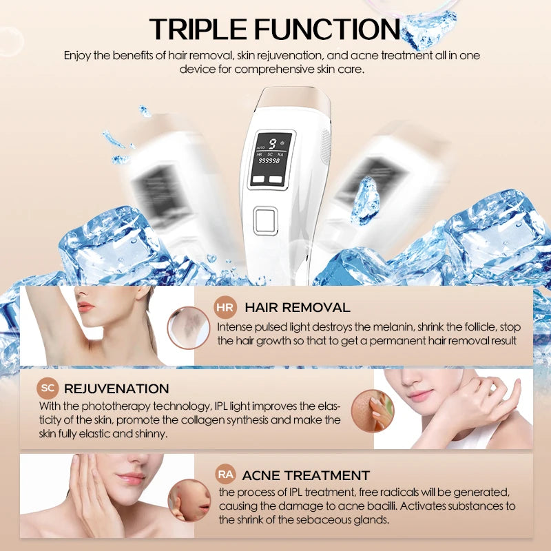 Épilateur laser/IPL Vancostar, 999 900 flashs, épilation/rajeunissement/acné 3 en 1, refroidissement, CE/FCC