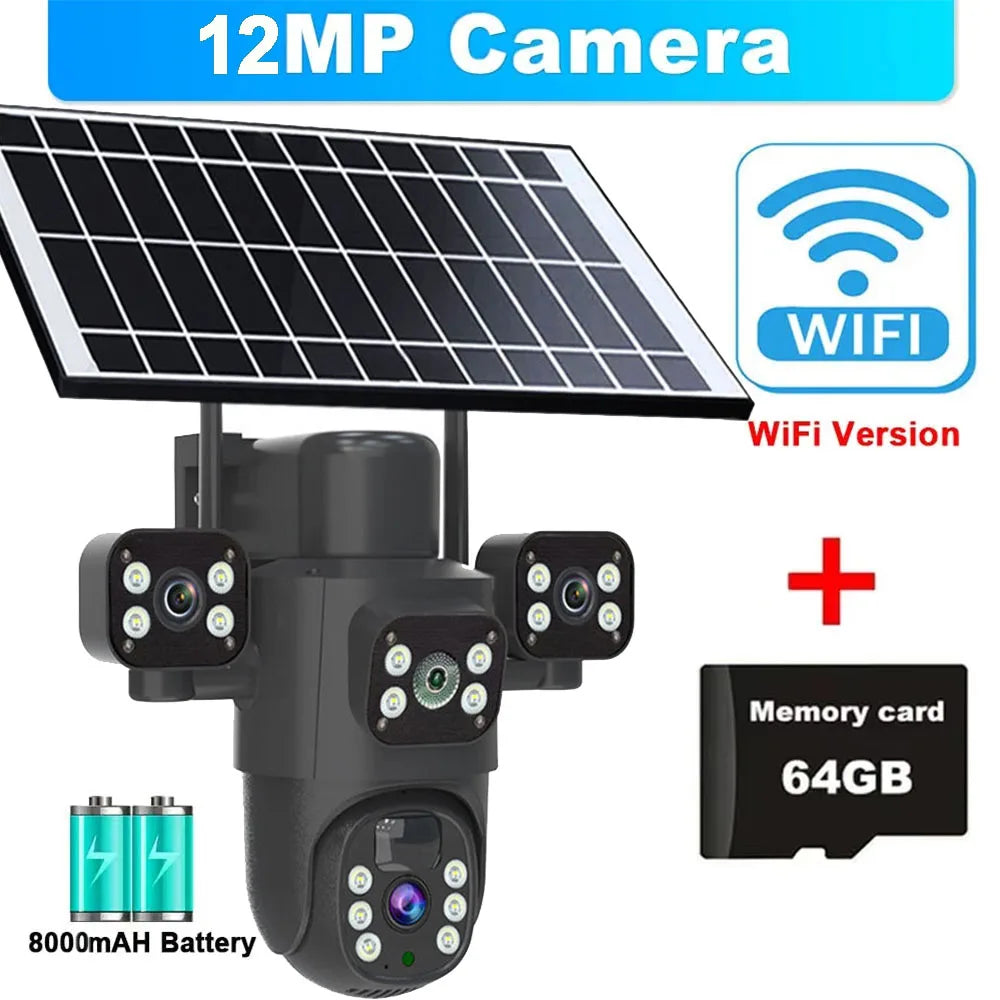 Caméra solaire 4G/WiFi, trois objectifs, écran, extérieur, 12 MP, 6K, batterie basse consommation, vision nocturne PIR, protection CCTV