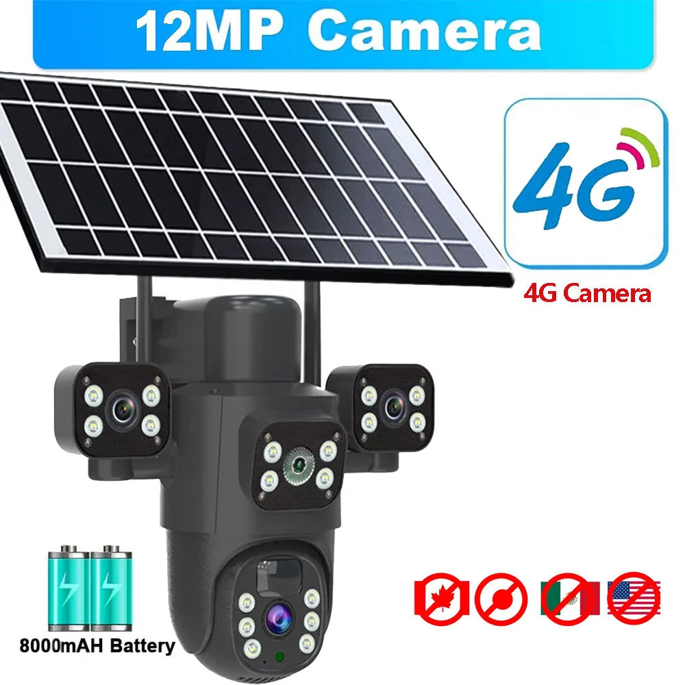 Caméra solaire 4G/WiFi, trois objectifs, écran, extérieur, 12 MP, 6K, batterie basse consommation, vision nocturne PIR, protection CCTV