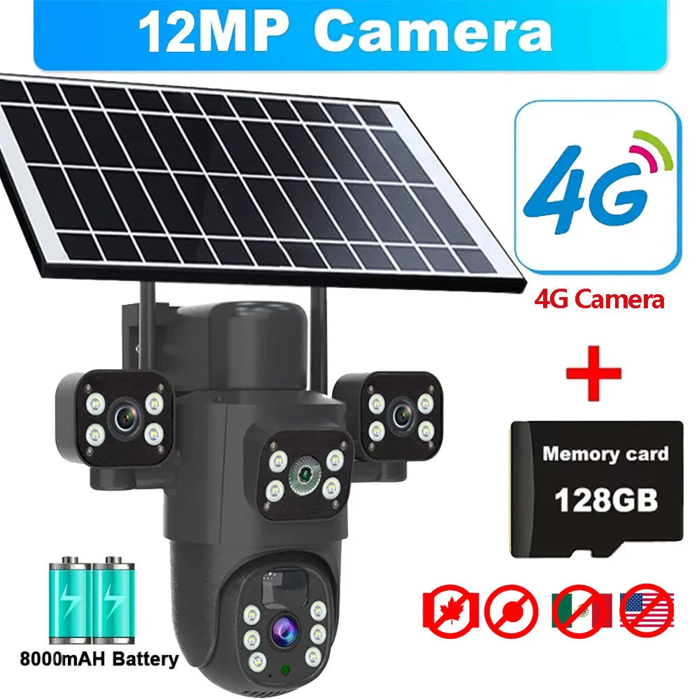 Caméra solaire 4G/WiFi, trois objectifs, écran, extérieur, 12 MP, 6K, batterie basse consommation, vision nocturne PIR, protection CCTV