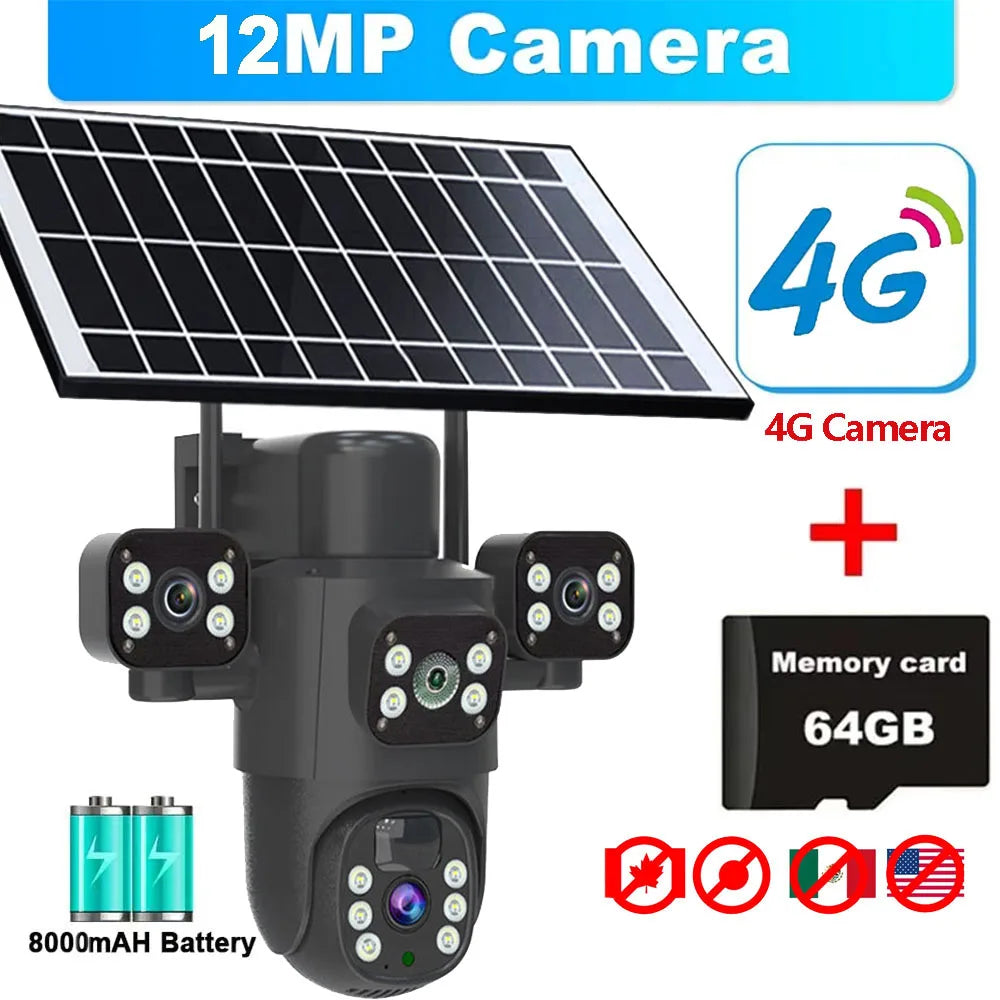 Caméra solaire 4G/WiFi, trois objectifs, écran, extérieur, 12 MP, 6K, batterie basse consommation, vision nocturne PIR, protection CCTV
