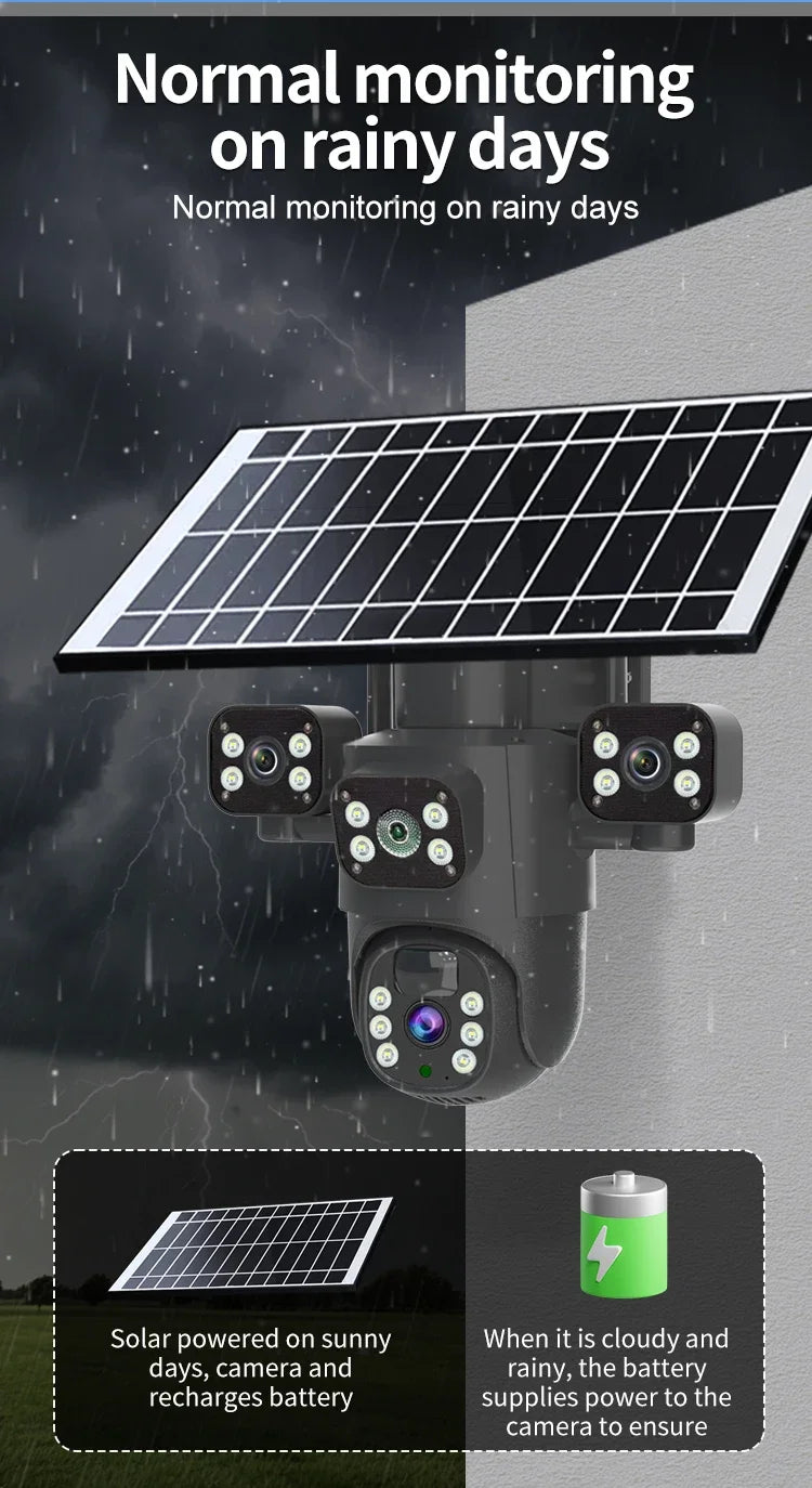 Caméra solaire 4G/WiFi, trois objectifs, écran, extérieur, 12 MP, 6K, batterie basse consommation, vision nocturne PIR, protection CCTV