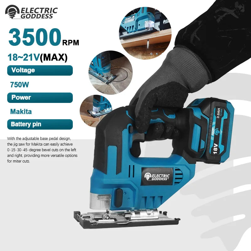 Scie sauteuse sans fil Electric Goddess, 18 V, 750 W, coupe bois/métal/PVC, 800-3500 tr/min