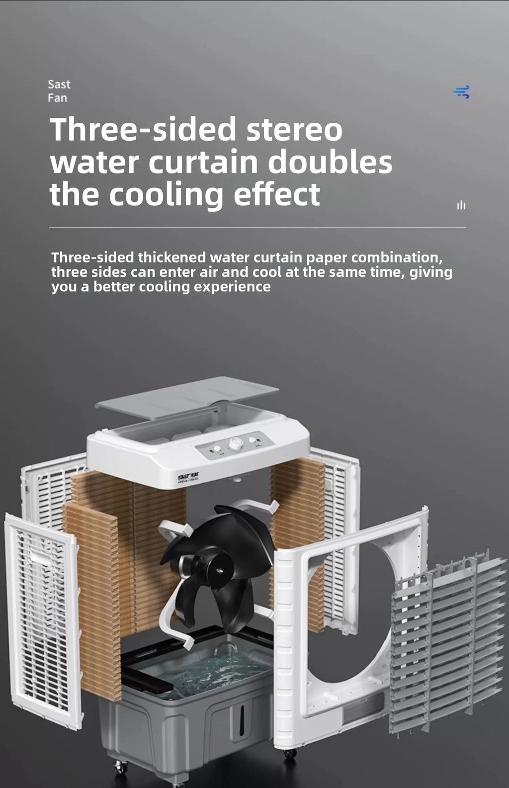 Ventilateur de climatisation à circulation d'évaporation pour réfrigérateur industriel, grand format, avec ajout d'eau fraîche. Utilisation commerciale.