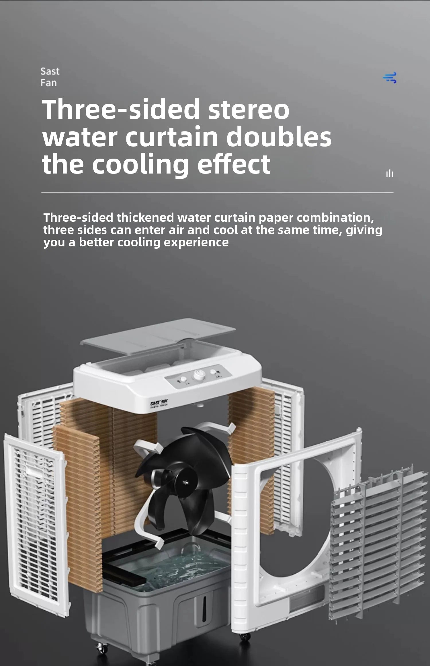Ventilateur de climatisation à circulation d'évaporation pour réfrigérateur industriel, grand format, avec ajout d'eau fraîche. Utilisation commerciale.