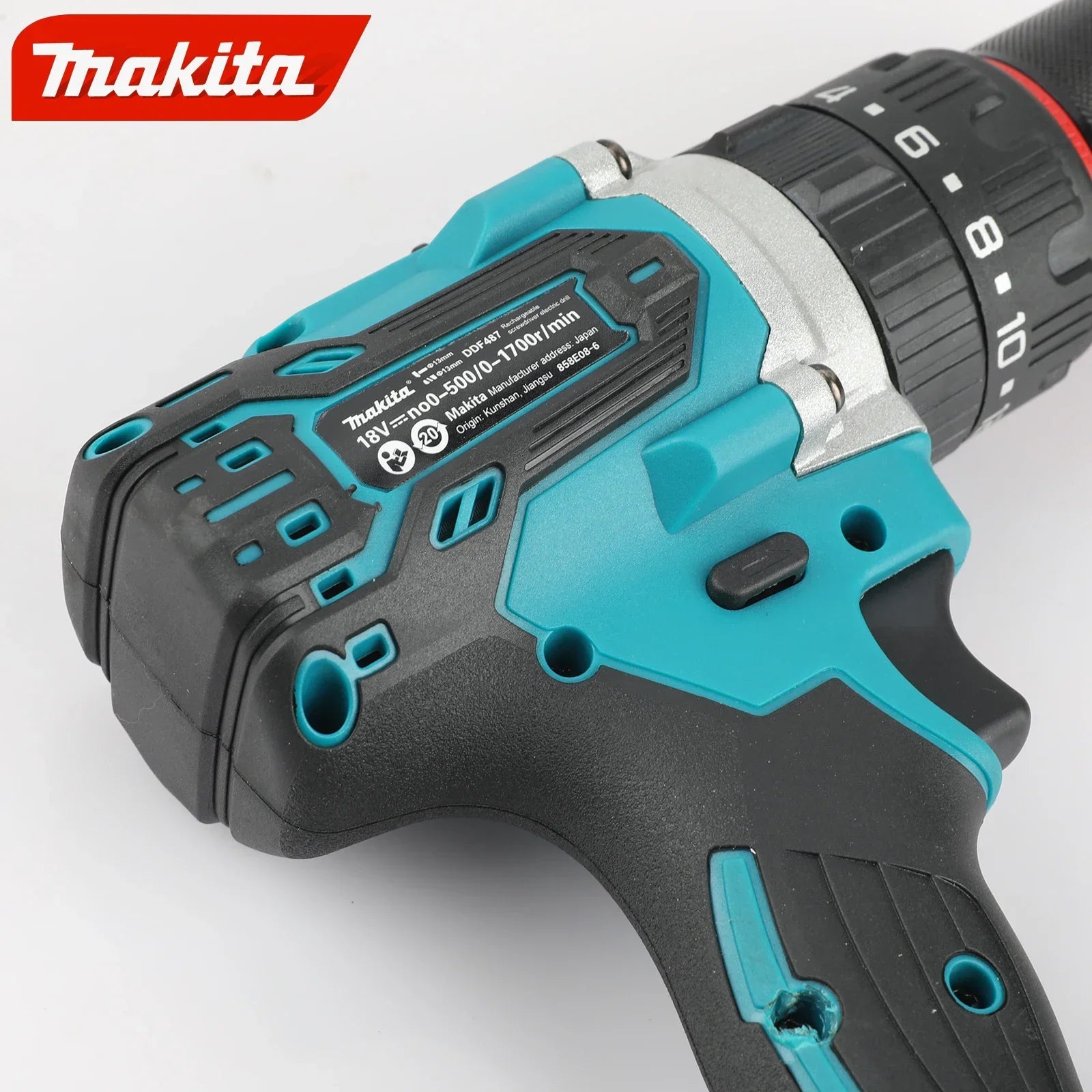 Perceuse à chocs électrique Makita DDF487 13 mm rouge et noire, sans balais, batterie lithium-ion 18 V, avec visseuse à couple élevé