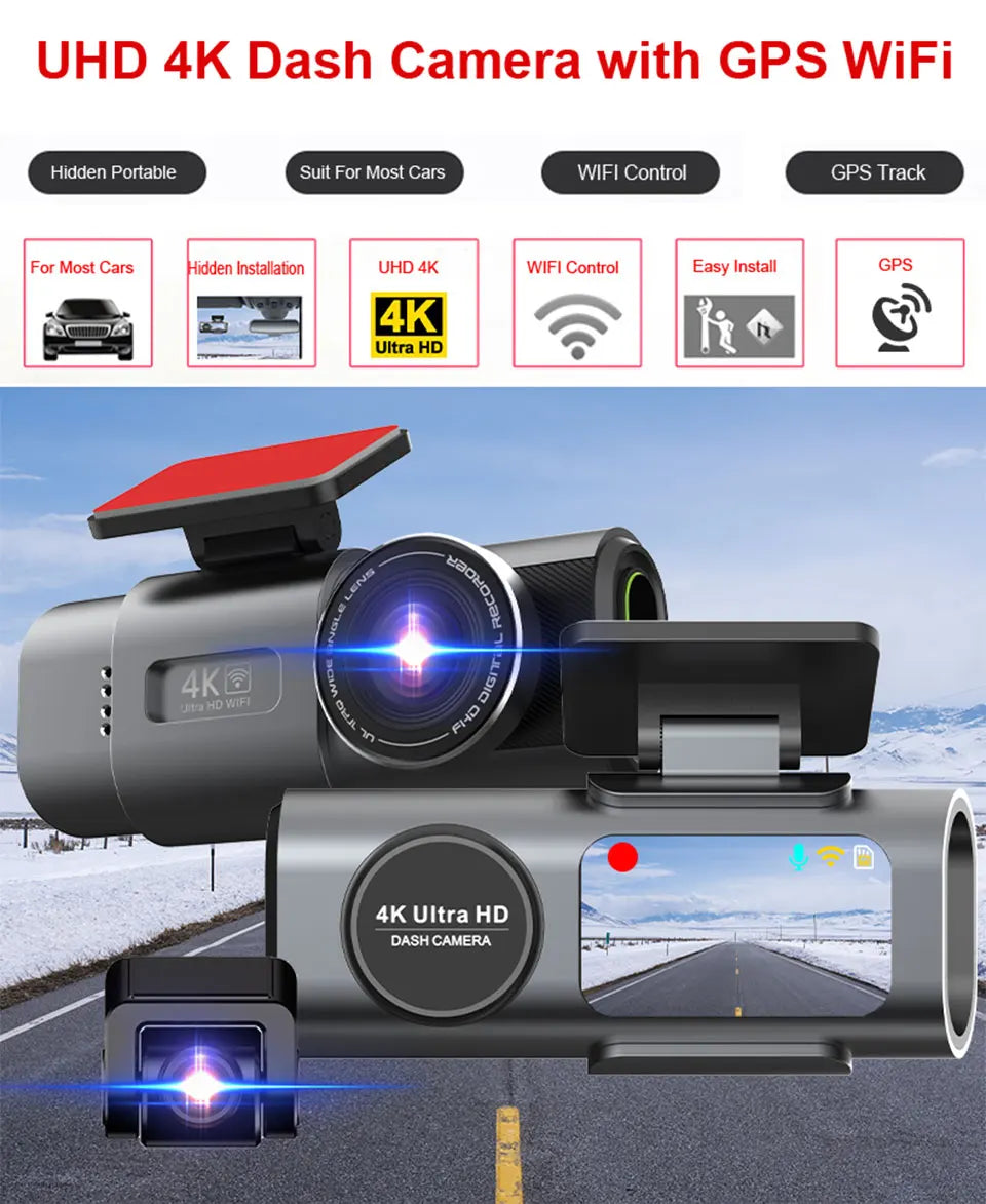 Caméra embarquée 4K UHD avec enregistrement vidéo DVR, vision nocturne, Wi-Fi intégré, GPS et surveillance 24h/24.