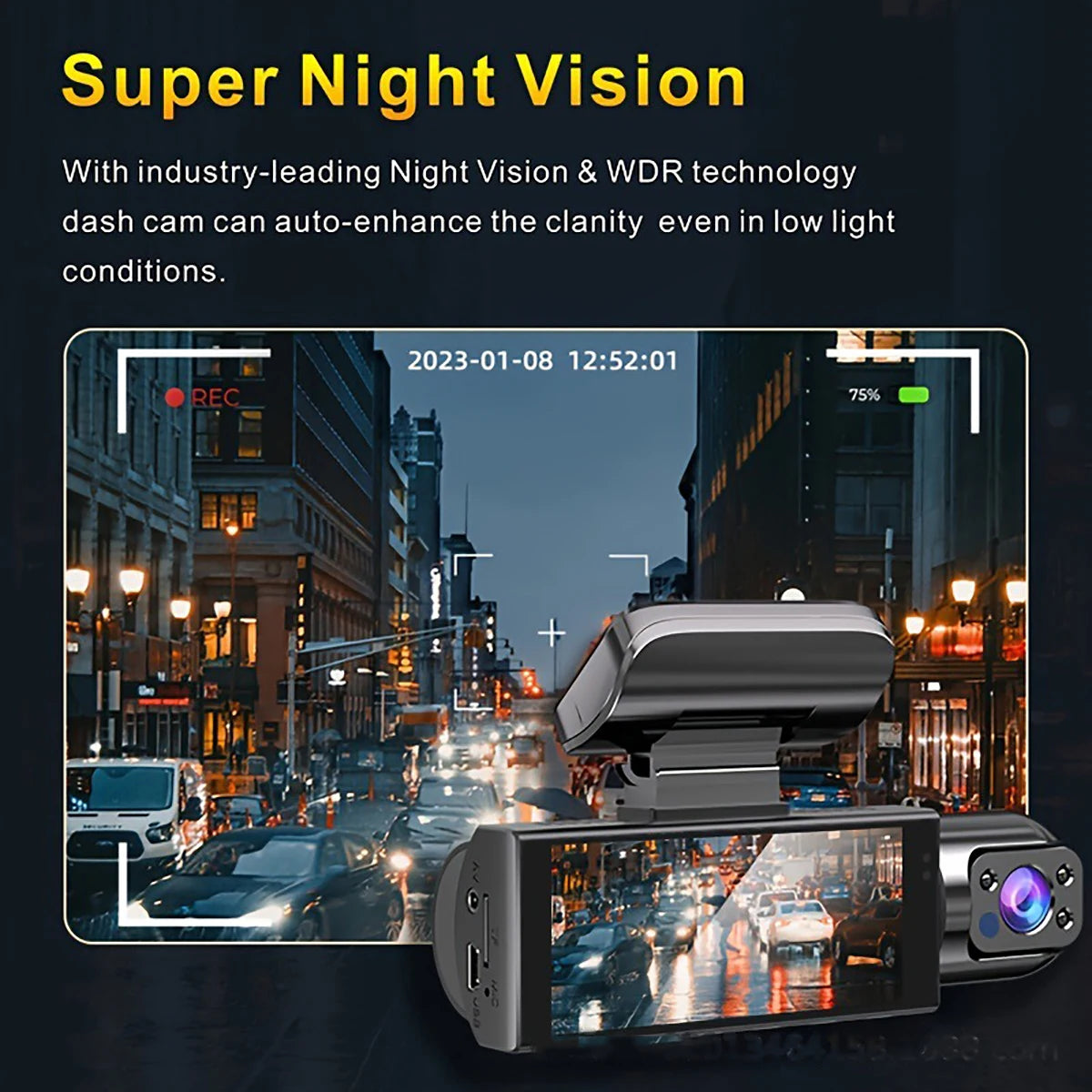 Caméra embarquée pour voiture 1080p avec enregistreur vidéo DVR, double caméra avant et intérieure, enregistrement en boucle et surveillance WiFi.