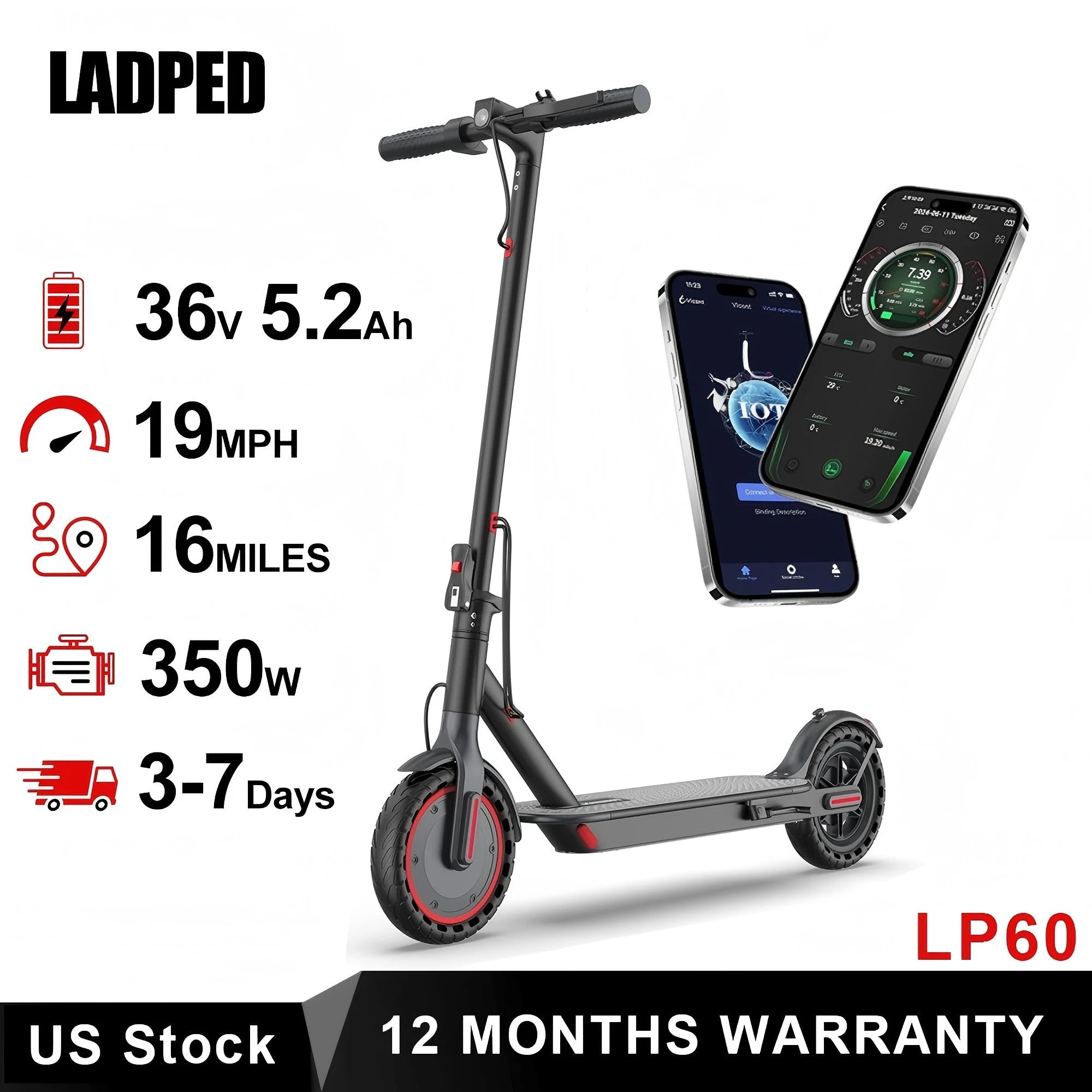 Trottinette électrique AOVOPRO LADPED LP60, 350 W, vitesse maximale de 30 km/h, pneus de 21,6 cm, souple, autonomie maximale de 25,7 km, pour adulte.