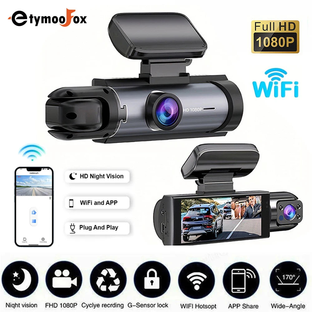 Caméra embarquée pour voiture 1080p avec enregistreur vidéo DVR, double caméra avant et intérieure, enregistrement en boucle et surveillance WiFi.