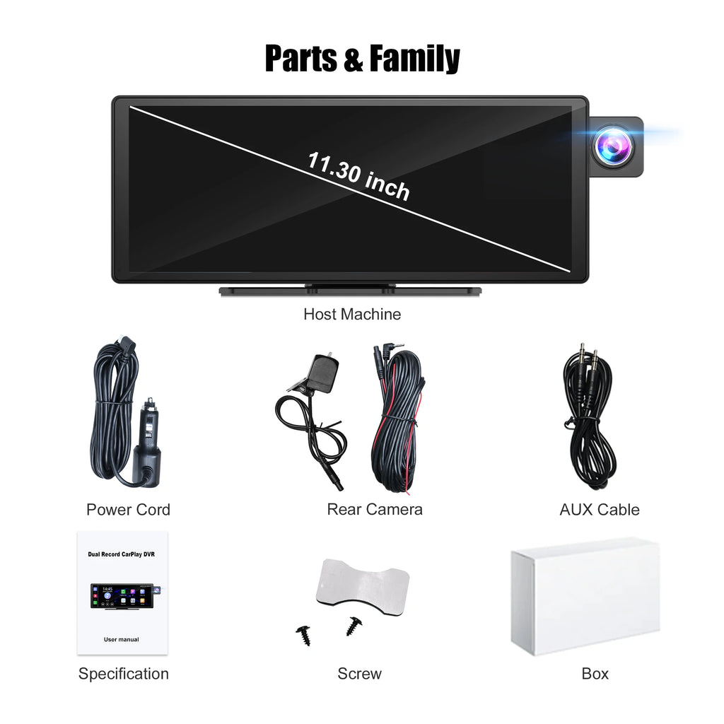 Moniteur Voiture 11,3" 4K | CarPlay Sans Fil, Android Auto, DVR, GPS et Caméra de Recul