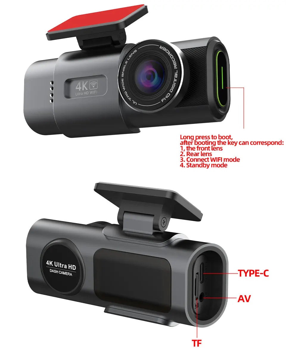 Caméra embarquée 4K UHD avec enregistrement vidéo DVR, vision nocturne, Wi-Fi intégré, GPS et surveillance 24h/24.