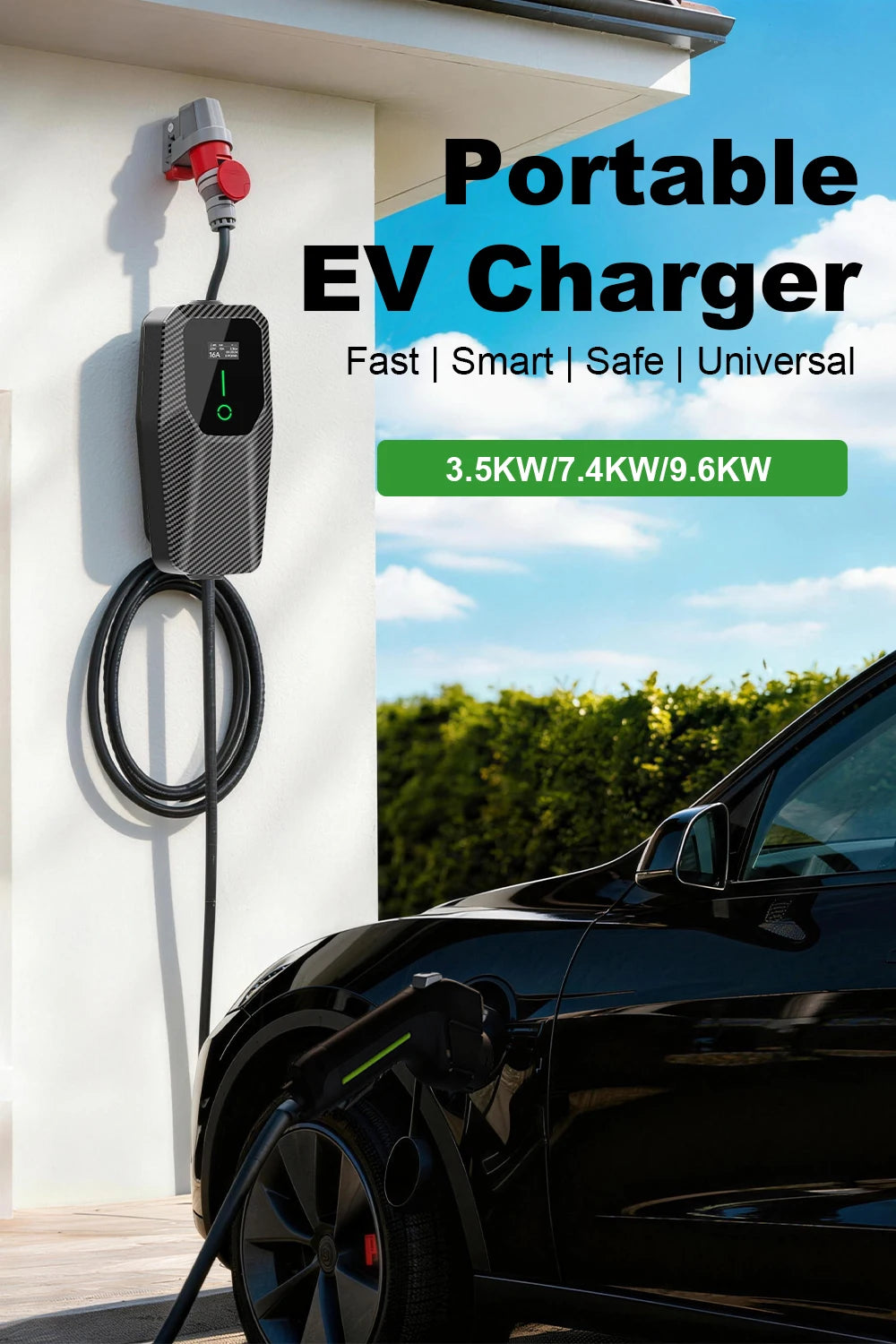Chargeur mural portable pour véhicules électriques, type 1, 32 A max., 7,2 kW, écran LCD, conforme à la norme SAE J1772. Courant de charge réglable.