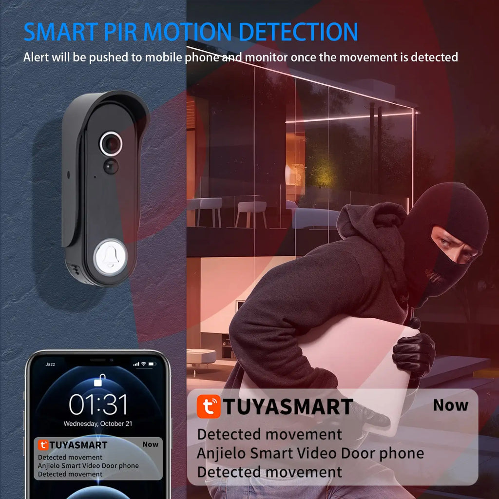 Sonnette vidéo sans fil extérieur ANJIELO 1080P WiFi avec caméra, écran tactile de 7 pouces, sans connexion requise